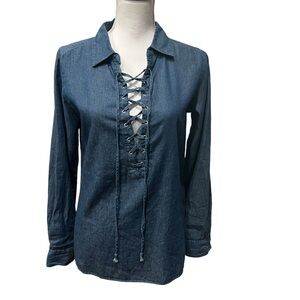 Noble U Lace Up‎ Long Sleeve Collard Chambray Top Blouse Dark Blue Size Small